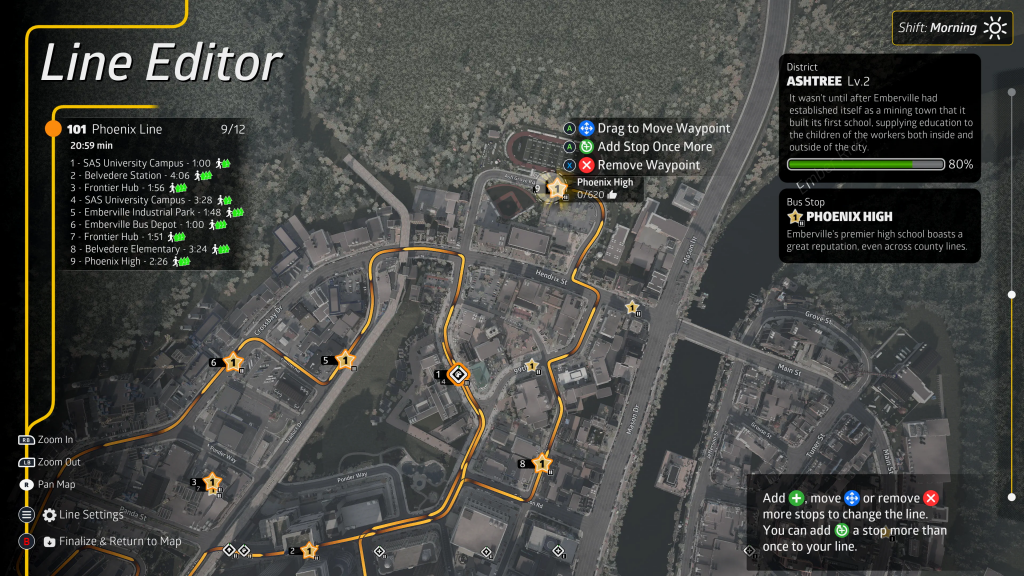An overhead map view where the player is currently adding a new bus line. Once connected, they will be able to navigate this route in-game.