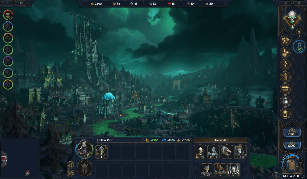 Game UI over an image of a sprawling, dark-fantasy medieval city shrouded in sickly green-blue tones.