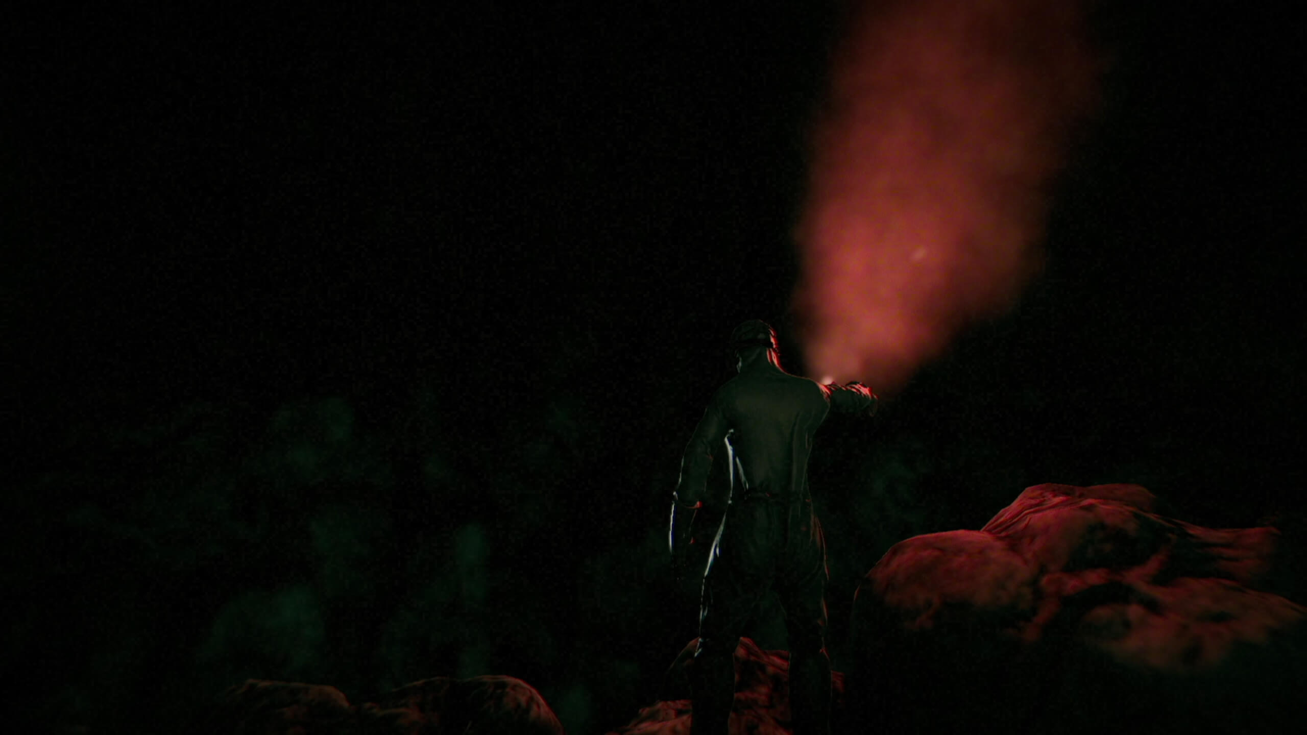 A dark picture of a person wearing a HAZMAT suit, with their back turned to the viewer. In their right hand is a flare, they have ignited. 