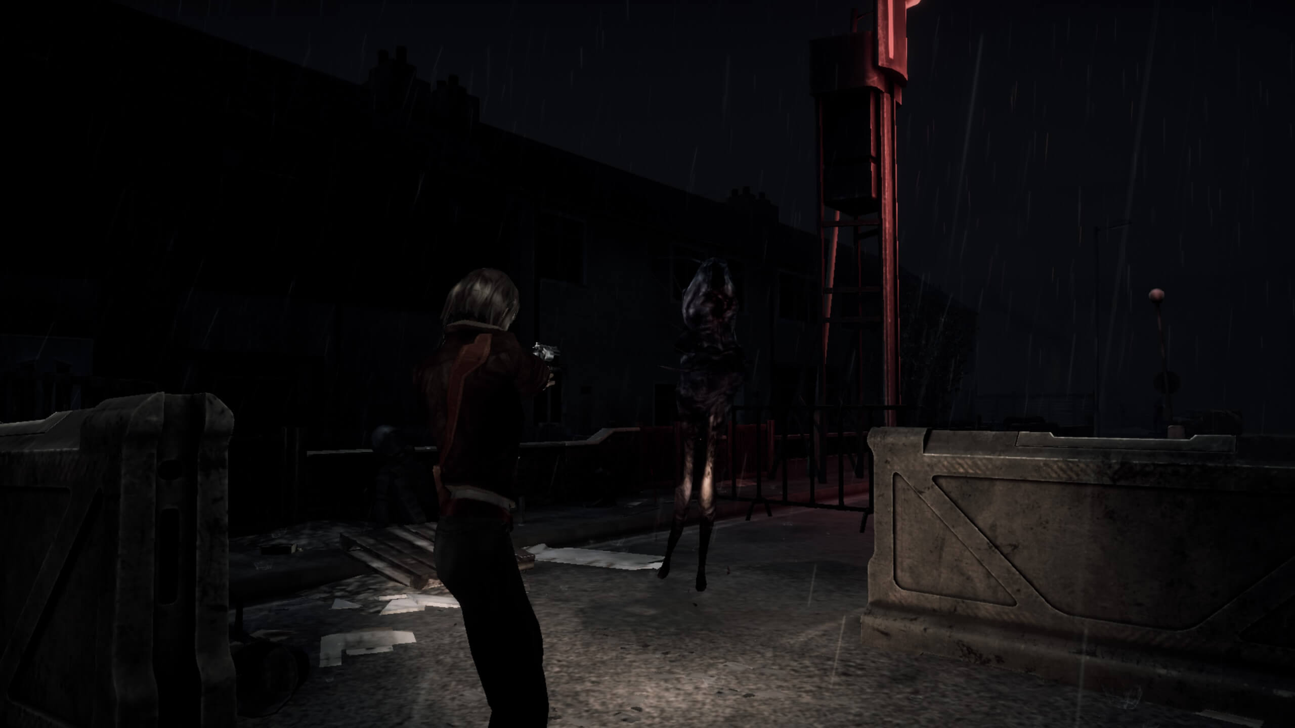 Mica is aiming her gun at an oncoming enemy. 