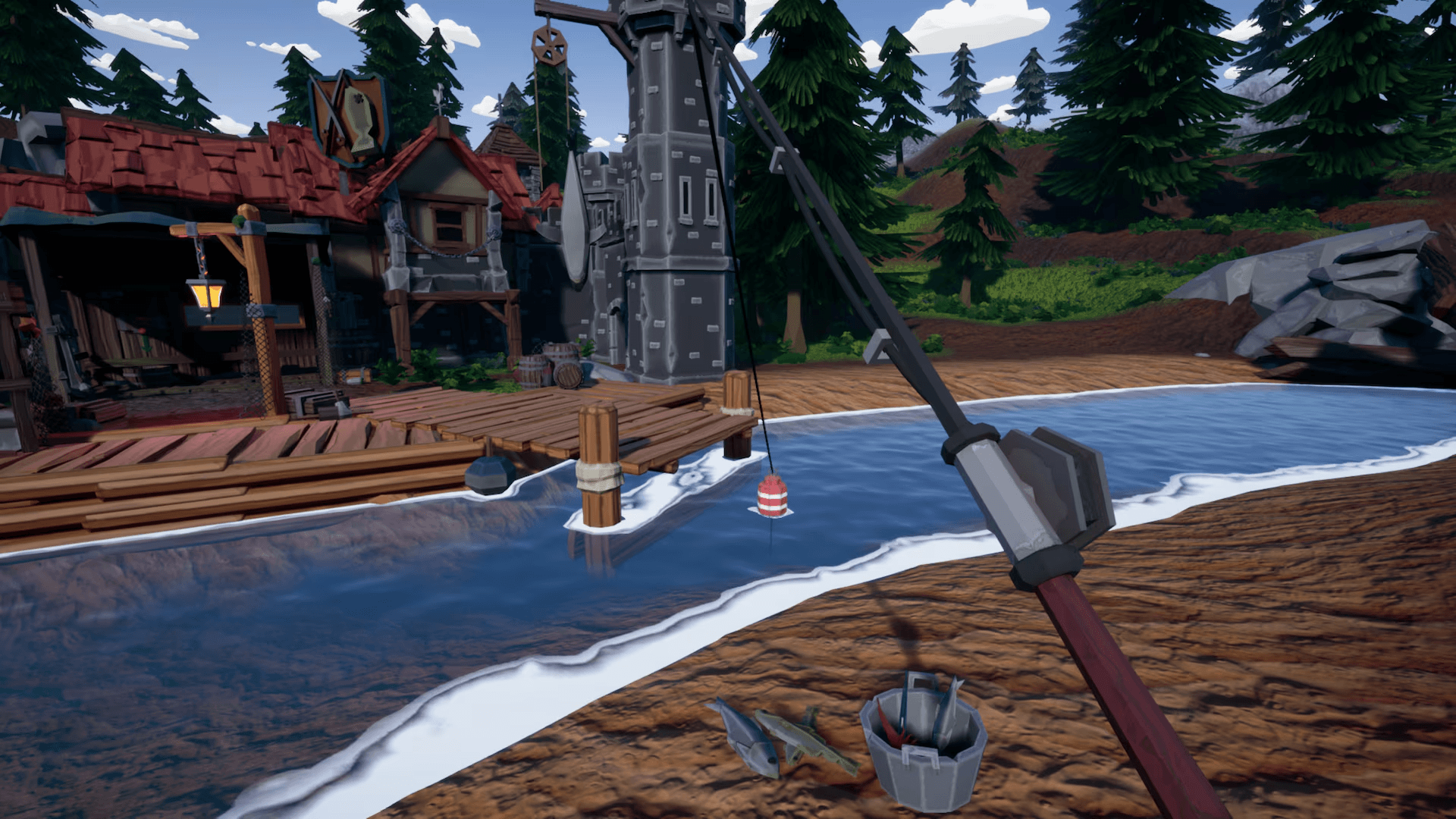 The player is using a rod to catch fish. A bucket of fish in front of them indicated some successful catches.