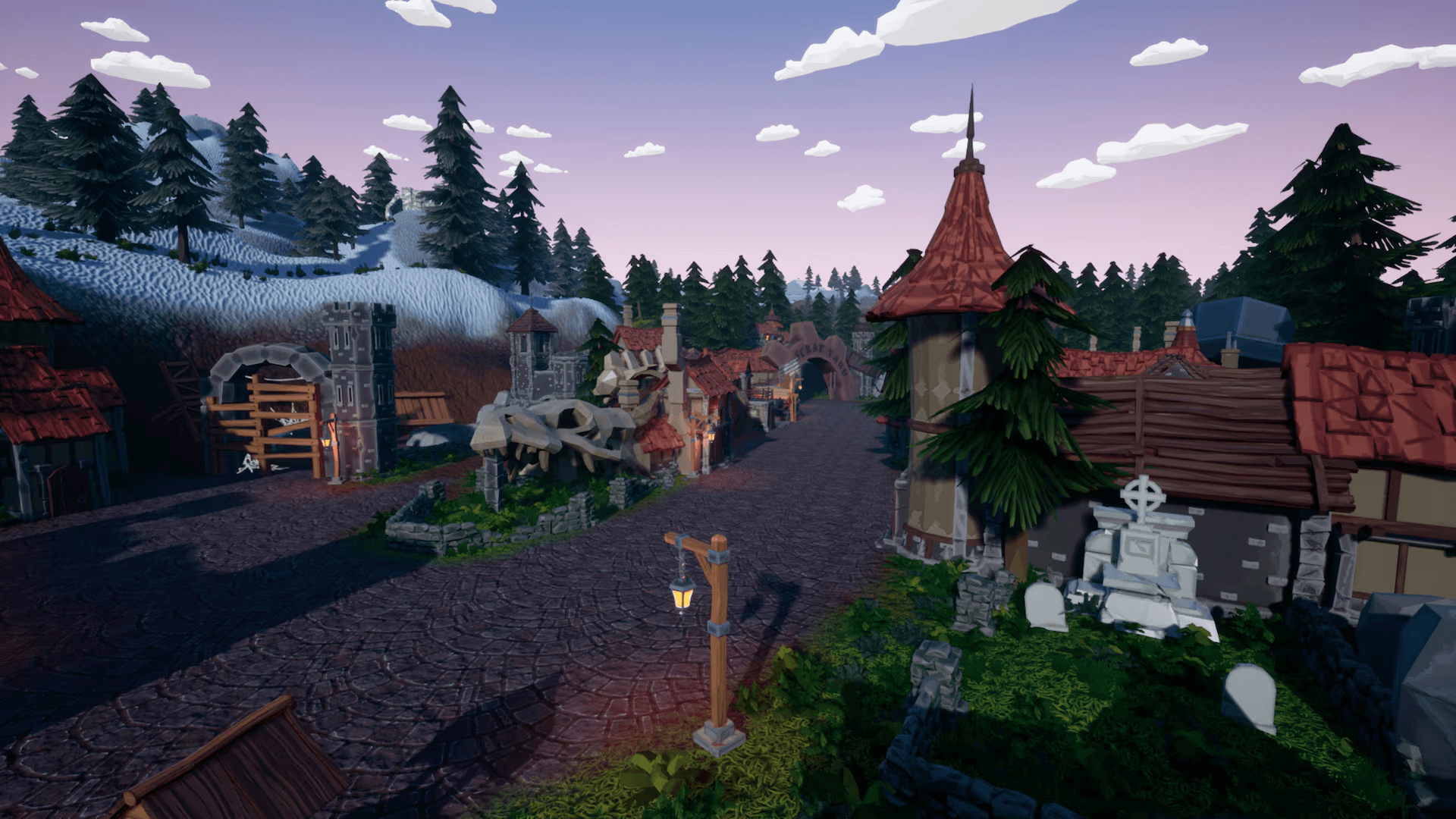 The main street of one of the in-game towns. To the left is a snowy hill, and on the right are some small buildings.