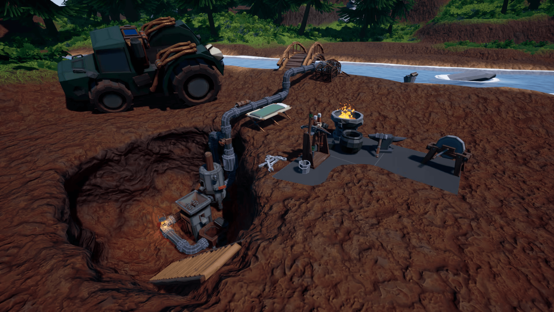 A pipe, running from a river in the background, is connected to a mmachine placed inside a small hole. The player's small base, stocks with various tools and items, has been placed above the hole, with steps descending down into it.