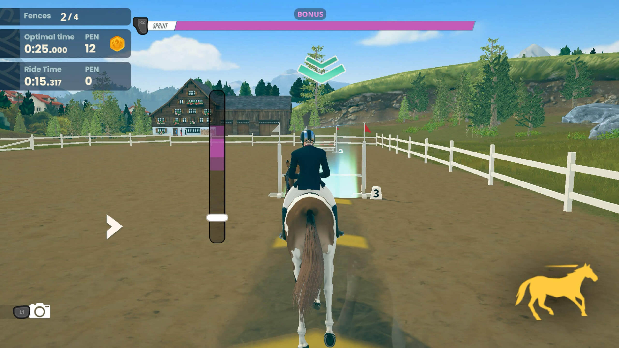 A horseback rider navigates a fenced course in a virtual equestrian game, showing progress stats and a timer. The scene is bright and outdoorsy.