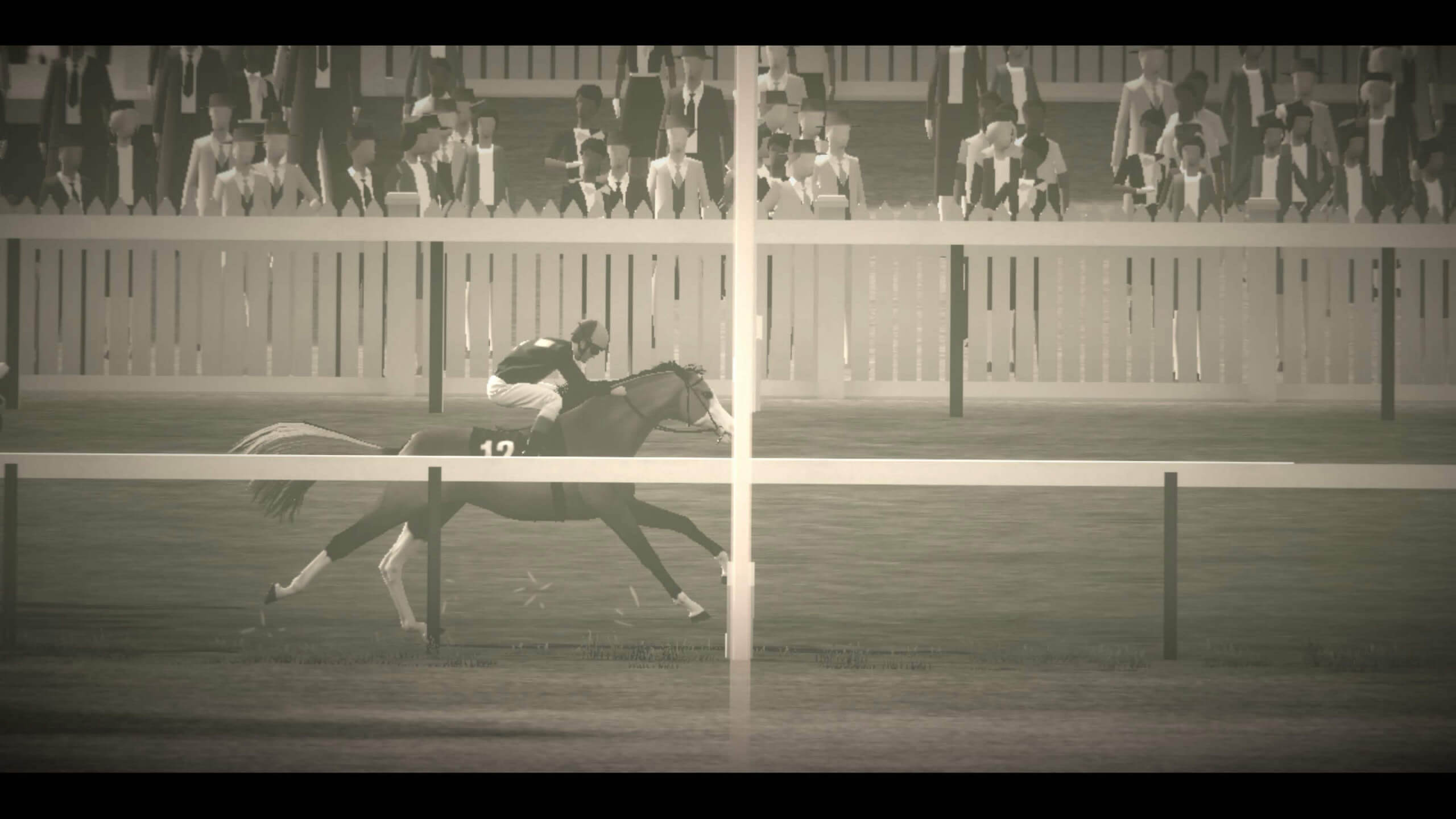 Sepia-toned image of a horse race, featuring a jockey in mid-stride on horse number 13. Spectators in formal attire watch behind a fence.