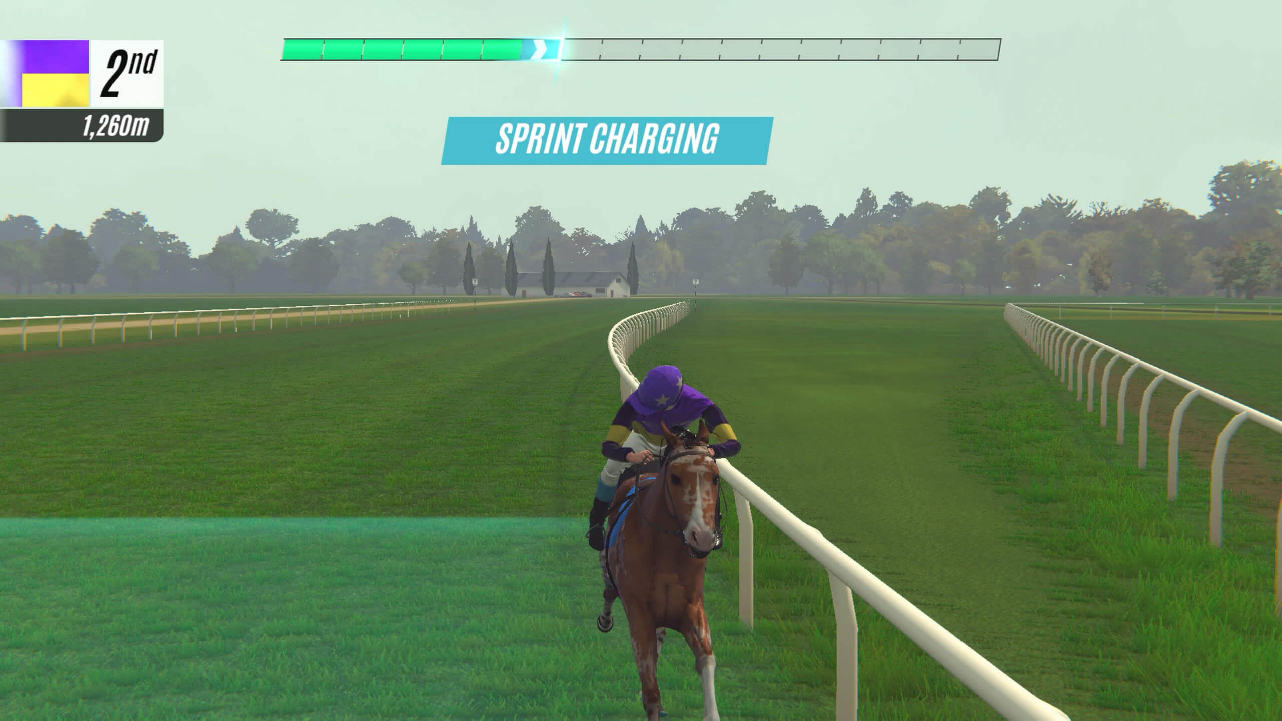 Horse racing simulation screenshot of a jockey in purple racing a horse on a green track, ranked second with a "Sprint Charging" bar displayed.