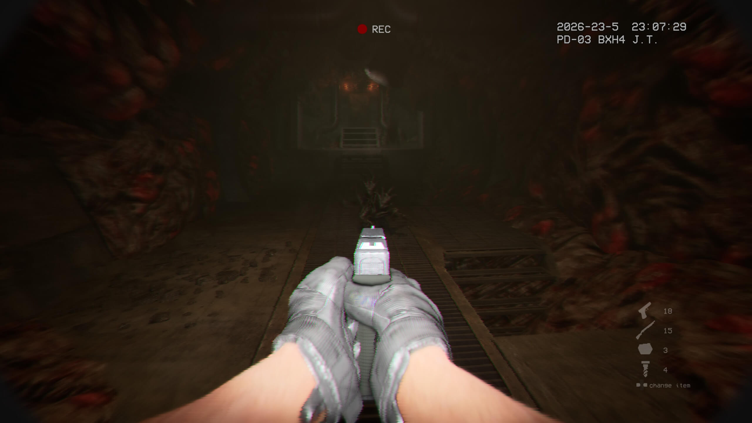The player is aiming their firearm at two oncoming enemies.