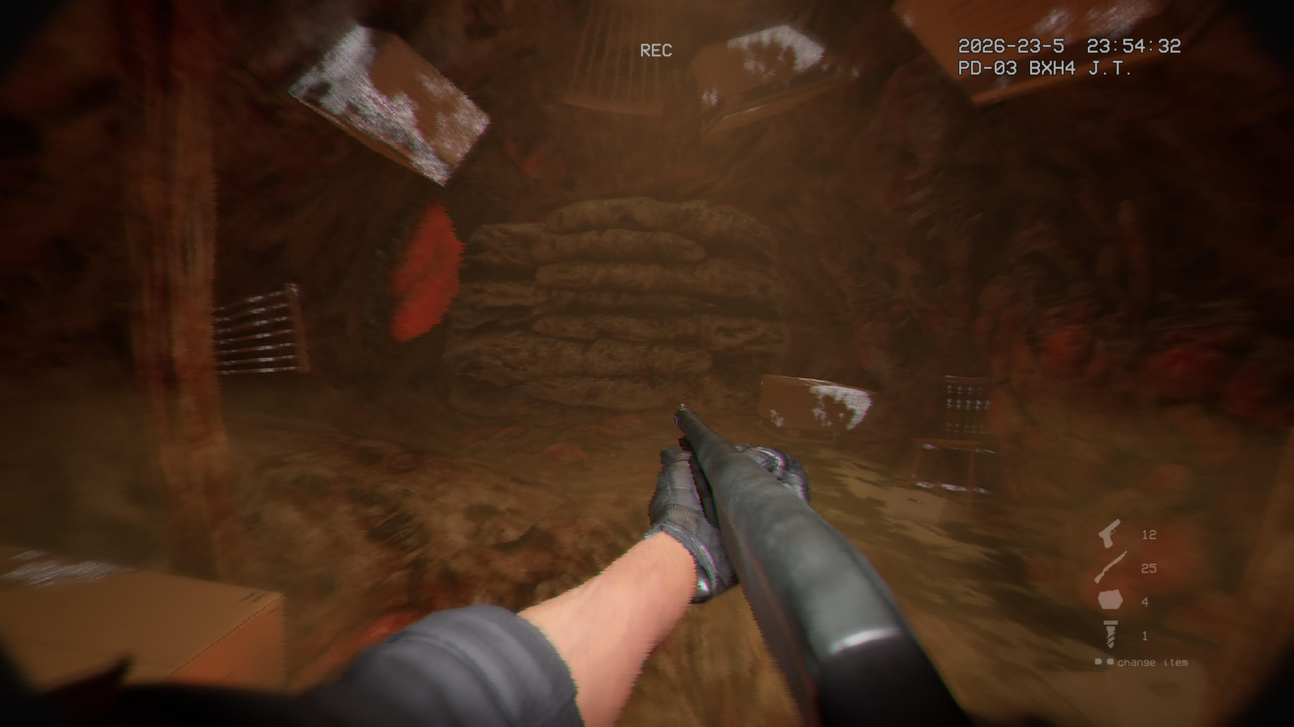 A door of fingers all interlocked together, there also seems to be random furniture around with blood splatters. The player themselves is holding a shotgun in their hands.