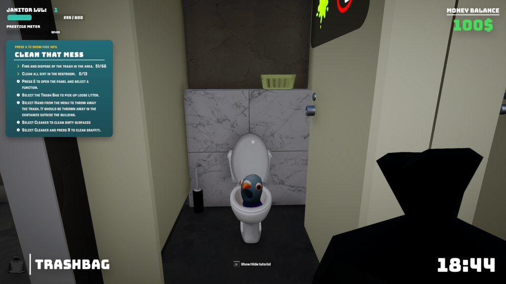 First-person view of a game bathroom stall with a pigeon inside a toilet, trash bag in hand, and cleaning objectives on screen.