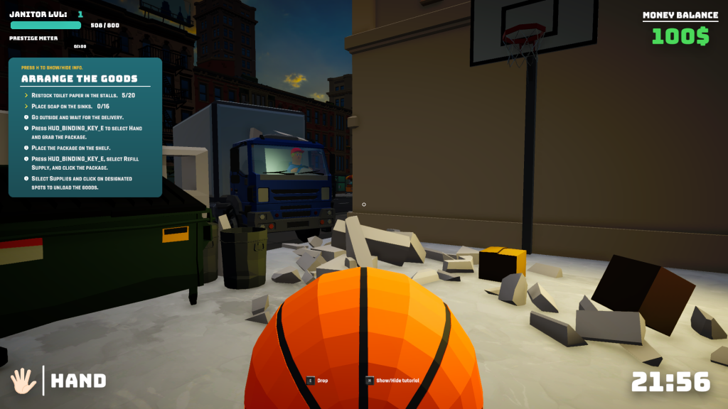 First-person view of a basketball in a cluttered outdoor area with a dumpster, truck, and basketball hoop in a city game environment.