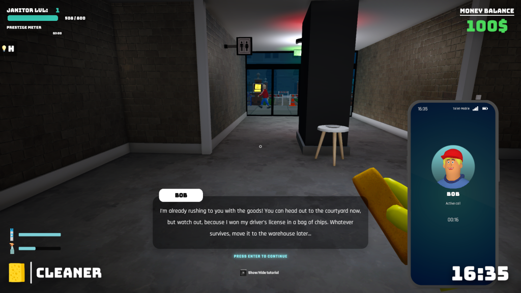 First-person view in a game as a cleaner holding a sponge, with a phone call from Bob saying he got his license from a crisp packet.
