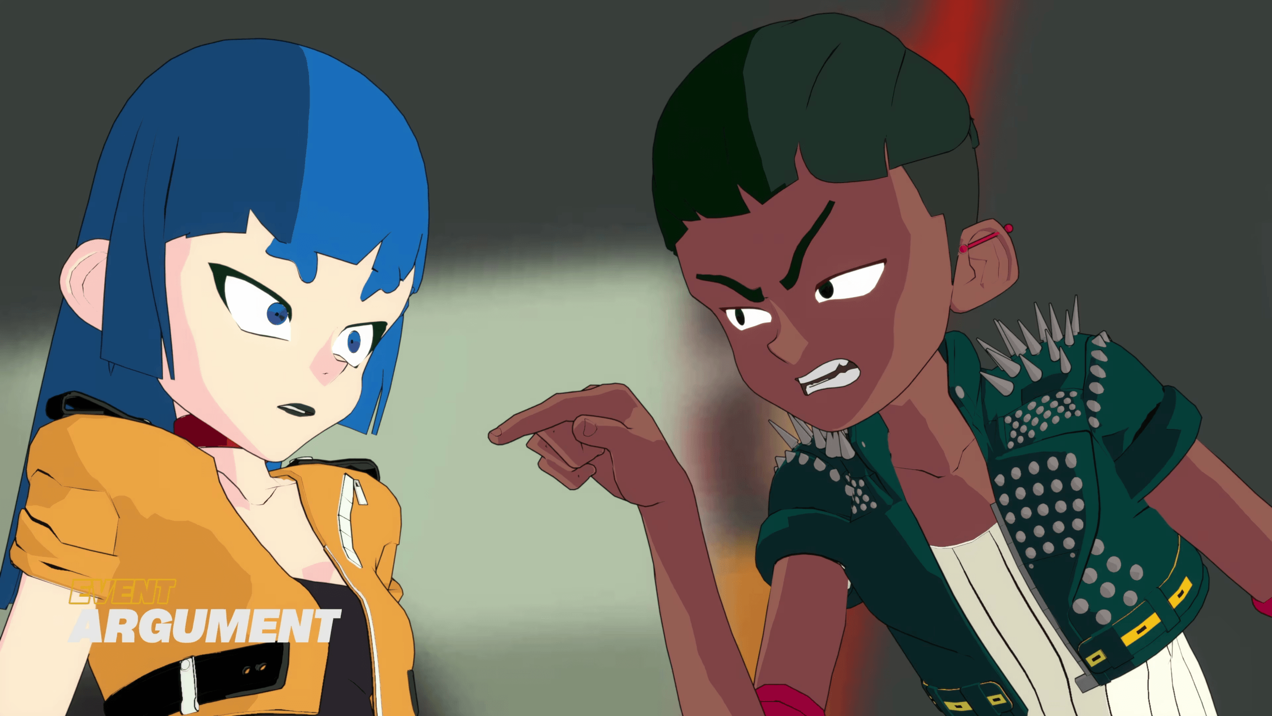 Two characters are arguing. The male on the right, with a spiked leather jacket, is pointing accusingly at the blue-haired girl on the left, who looks shocked.