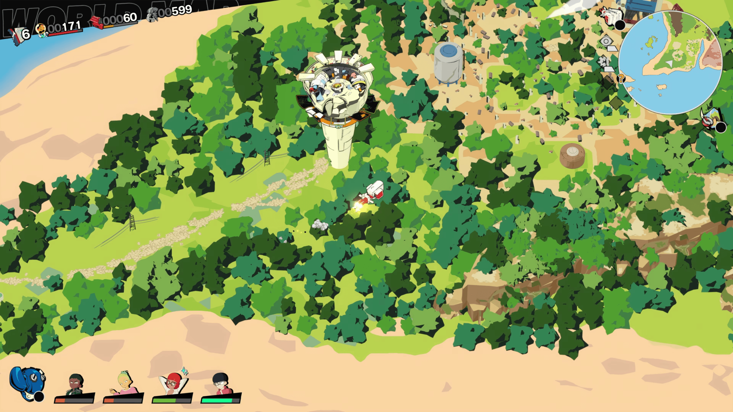 A view of the overworld as the player navigates their airship around it. We can see a city built on top of a large tower, and a forrest surrounding it far below.