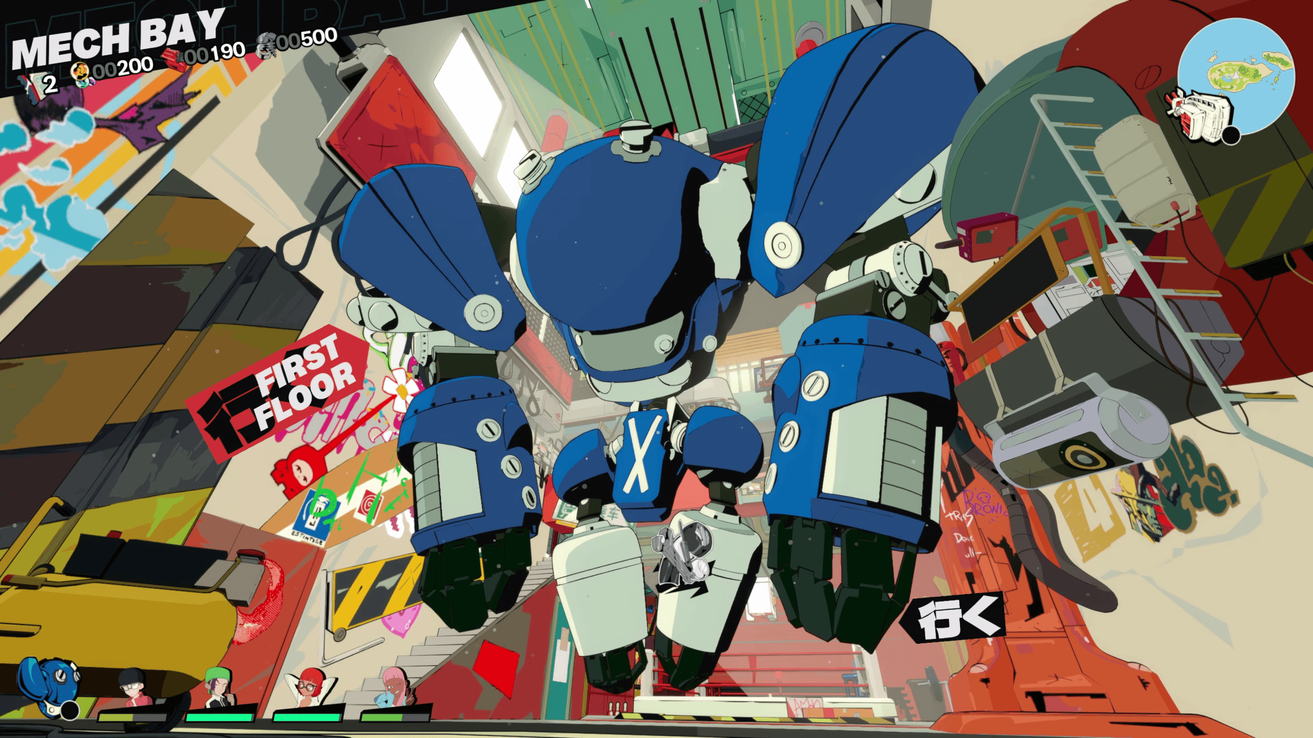 The "Mech Bay" where the players mech is currently housed. This acts as a sub-menu that allows players to customise their mech.