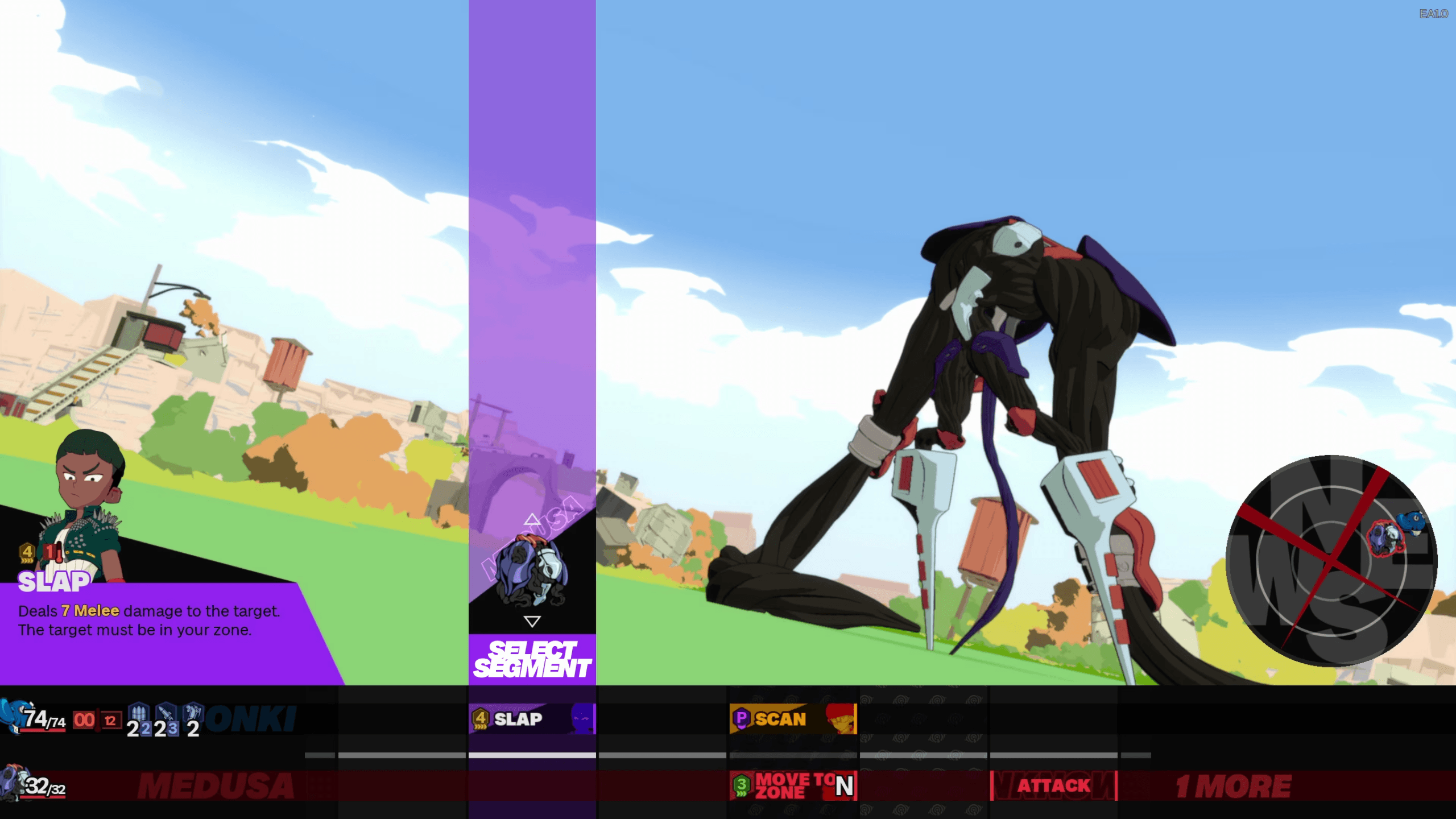 An image of the turn-based battles featured in the game. The player has selected the "slap" attack, and is currently placing it on the timeline at the bottom of the UI.