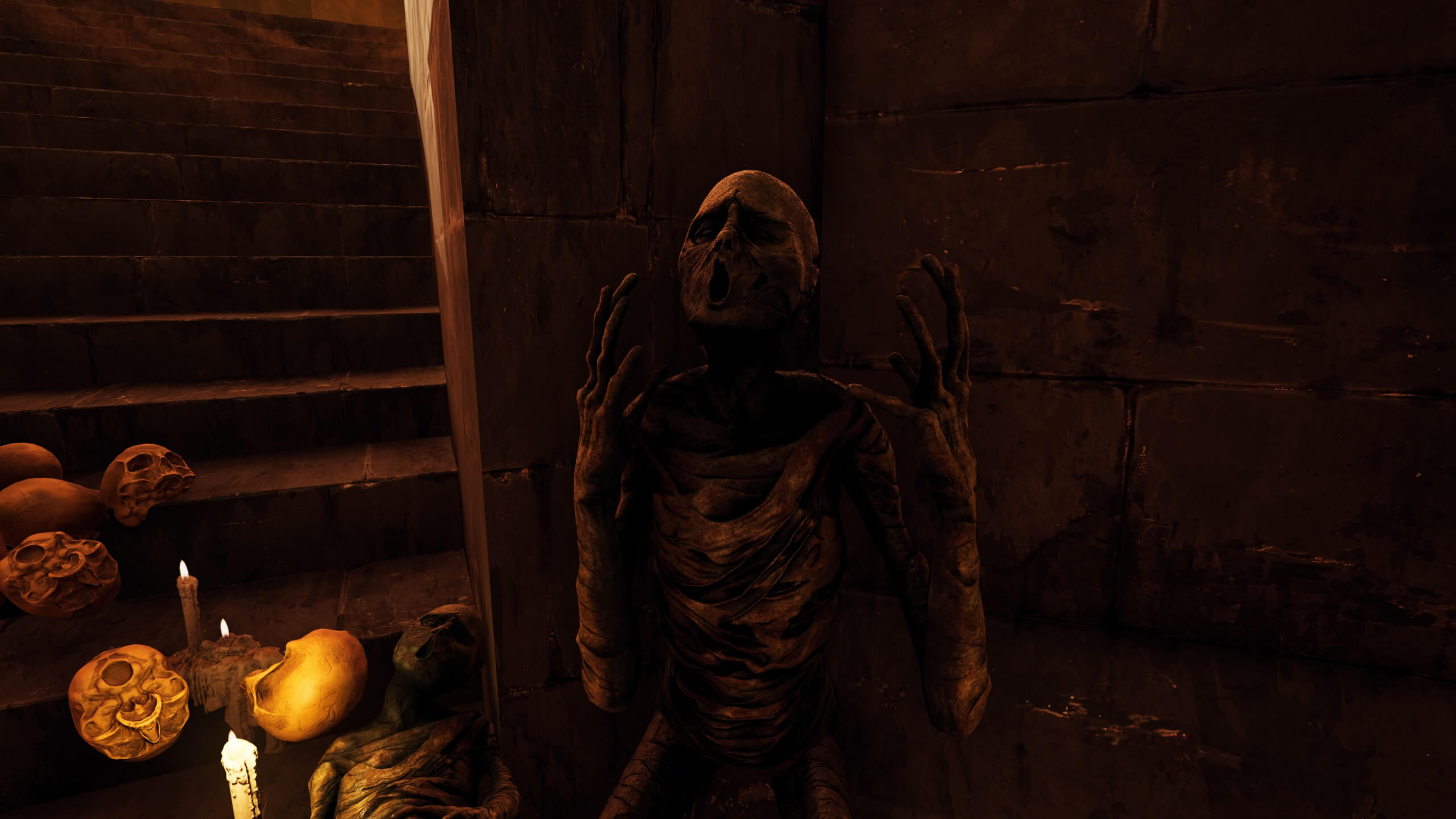 A husk with its hands up, its face is contorted to look like it's whistling. Next to it on the left are some stairs with skulls and lit candle on the lower steps. 