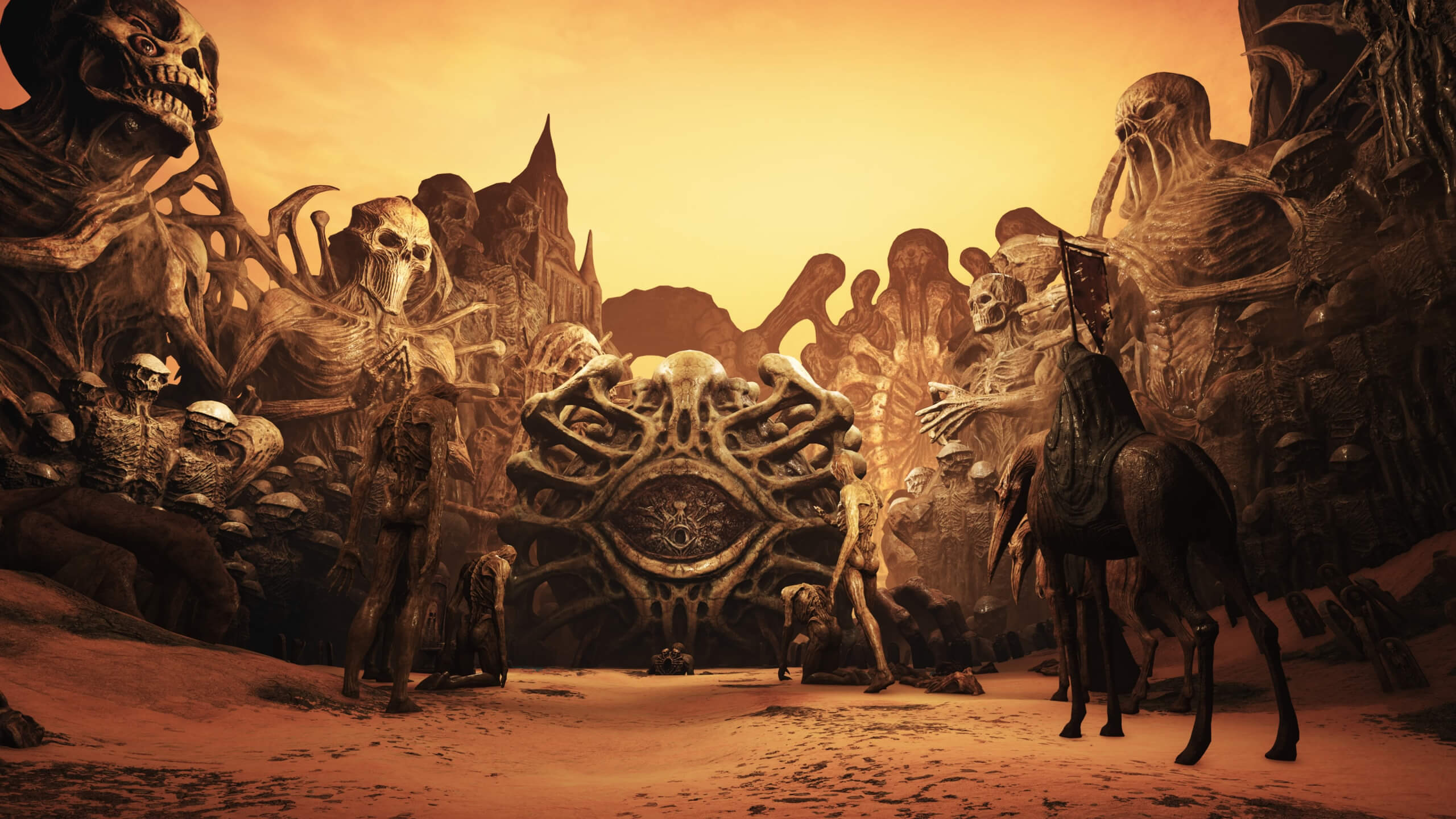 A large eyeball structure is surrounded by various other entities and statues some towering over and looking like skulls. Some of the lower creatures are wearing robes and are riding horse-like creatures. 