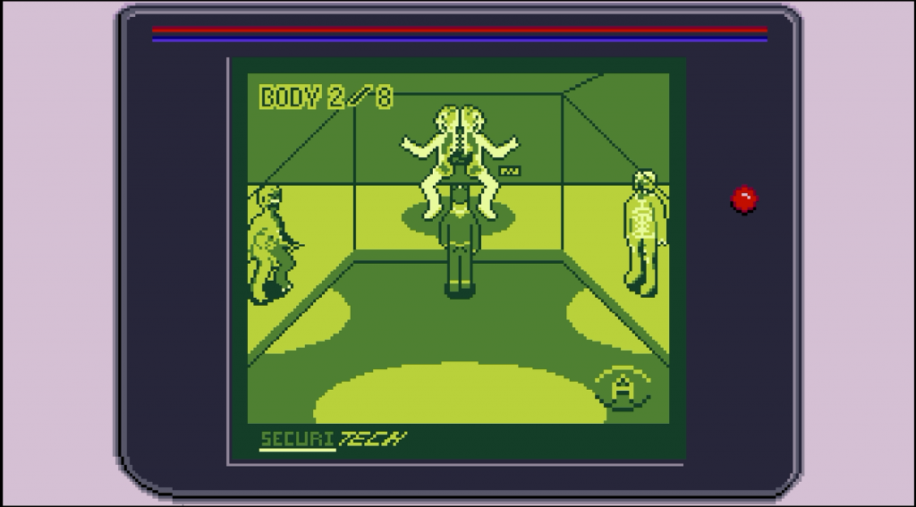 The player inspects an anatomy exhibit featuring a body split in half.