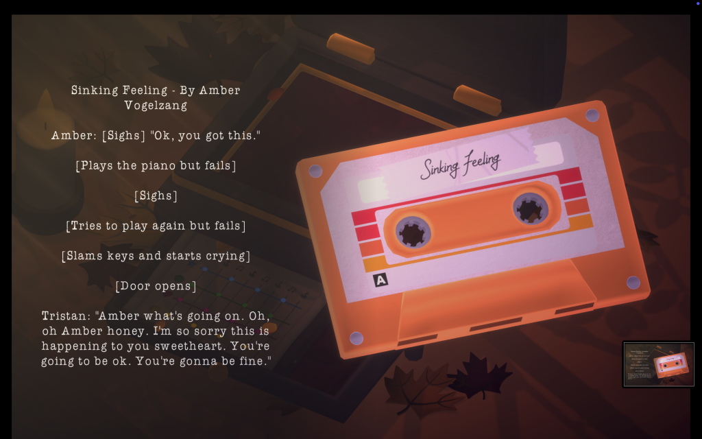 tape, text, music Script excerpt titled "Sinking Feeling" alongside an orange cassette tape labeled "Sinking Feeling" on a wooden surface with autumn leaves.