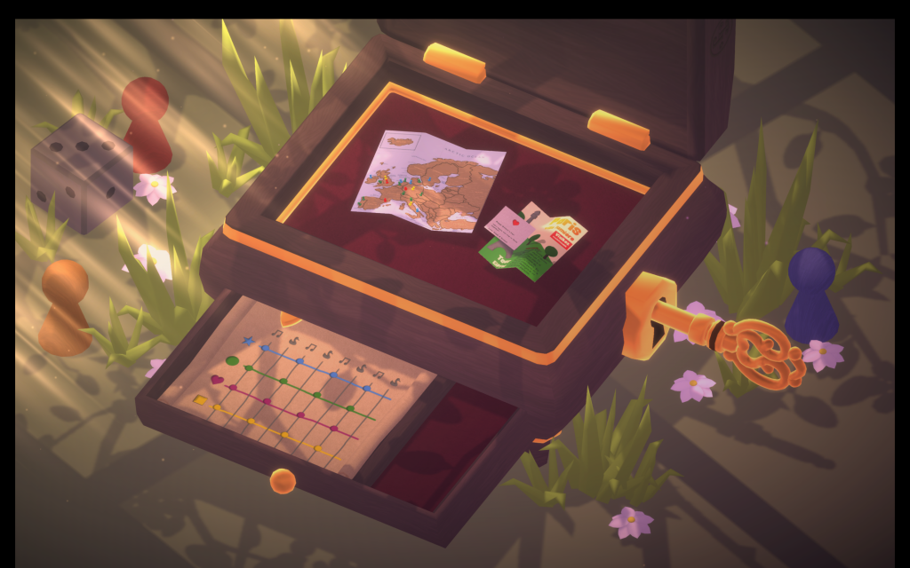 A wooden music box with key notes in the lower compartment while the main section has a map and some notes within it. 