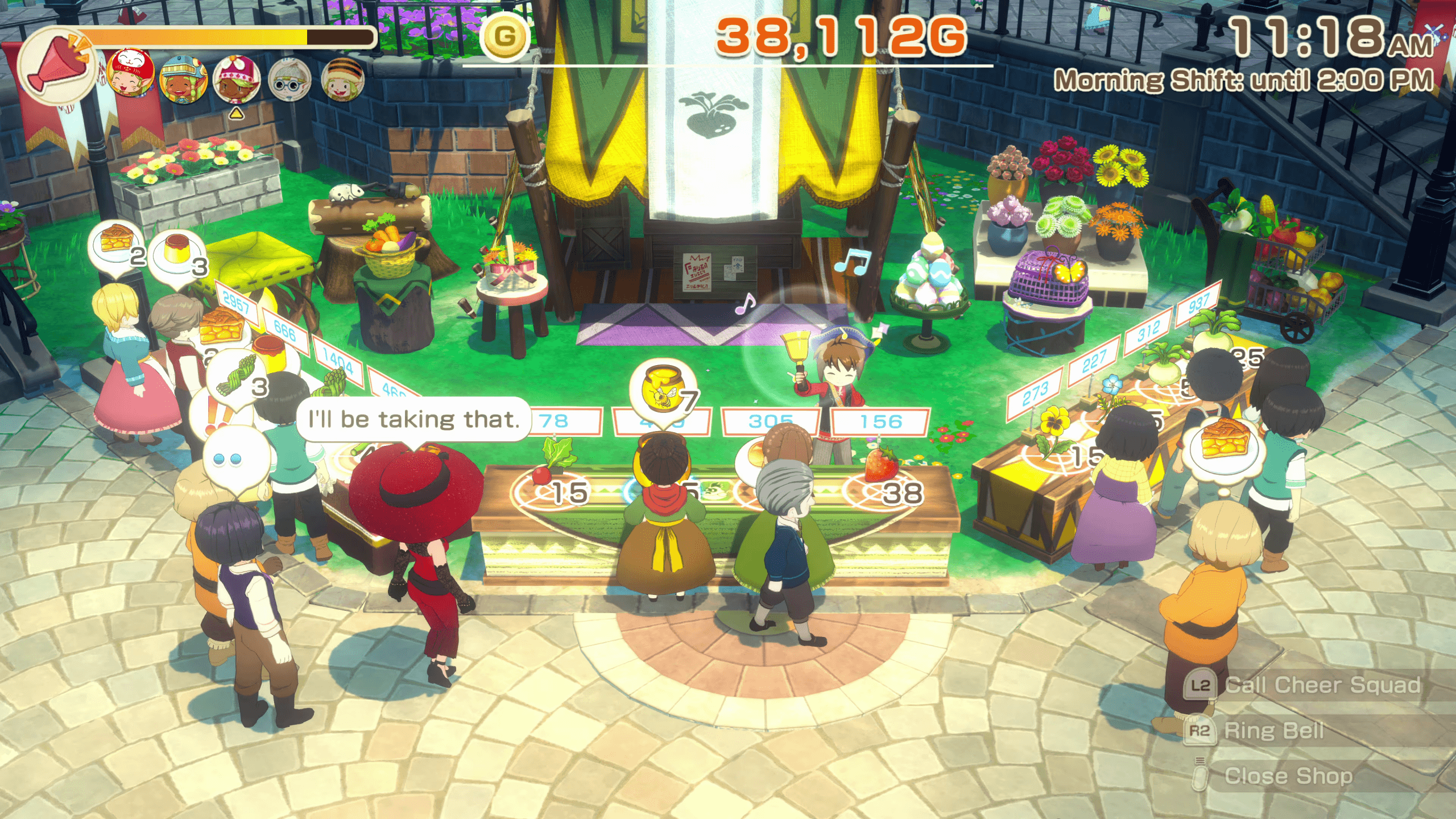 The player character has three stalls set up at the Grand Bazaar. They are selling various flowers, fruits, and foods. There are several NPCs clamouring to purchase the goods.