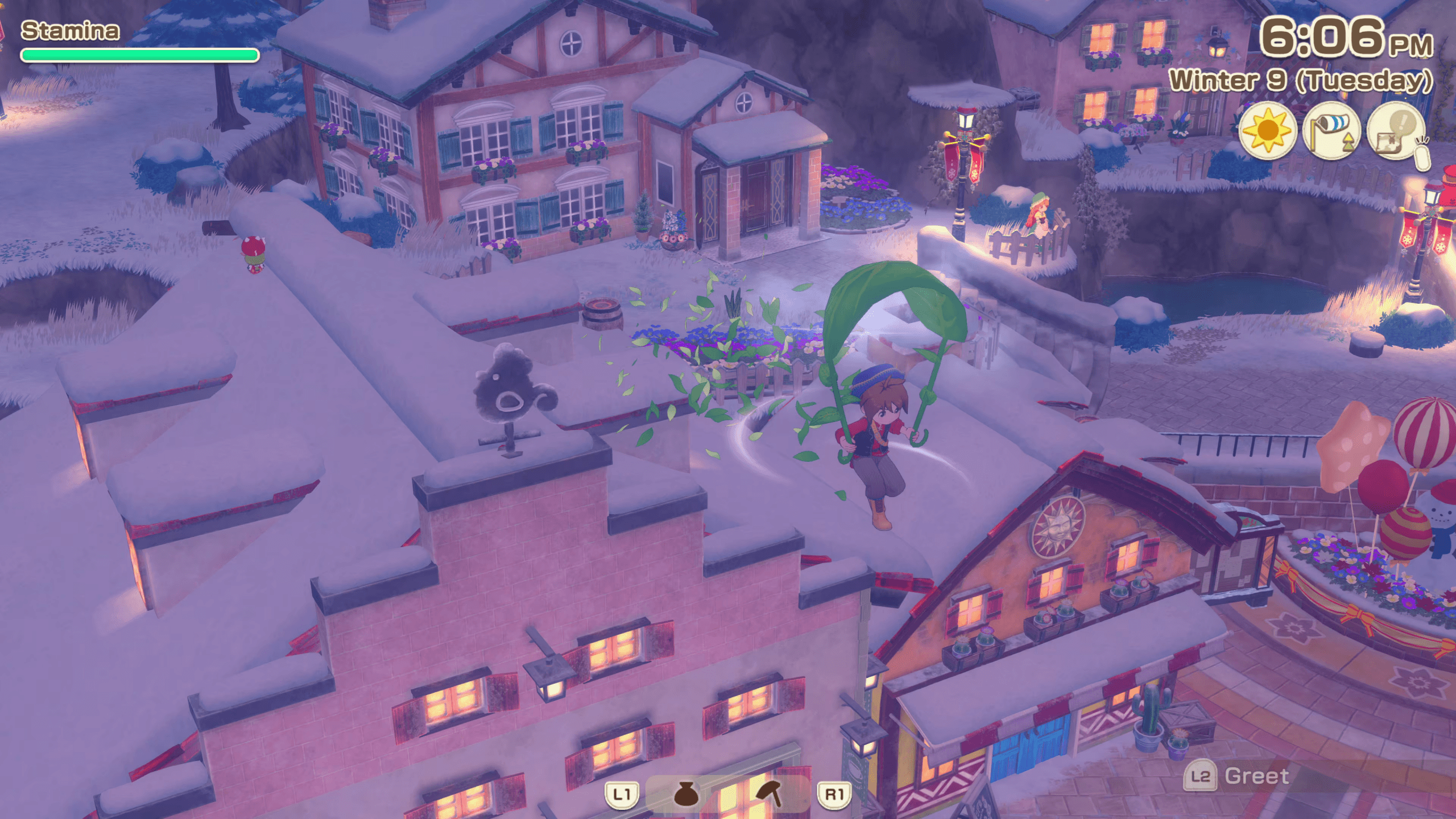 The player character is floating through the air using a giant leaf as a glider. They are soaring about the towns rooftops during a winter evening.