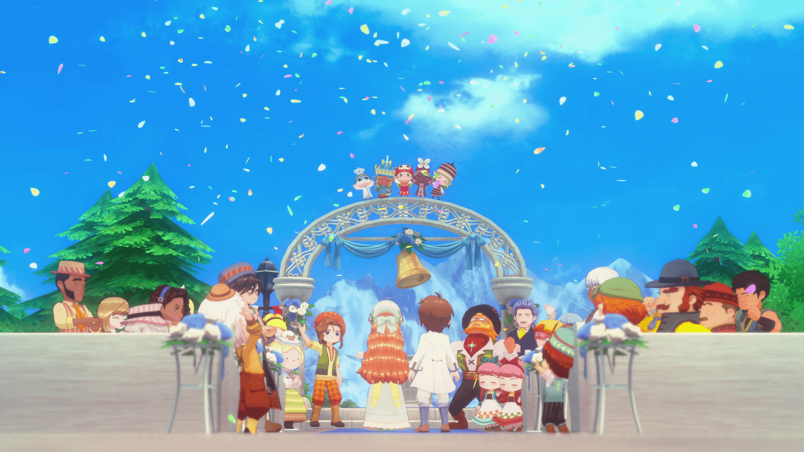 The player at the alter, marrying another character. The townsfolk are gathered round to celebrate, with the Nature Sprites sat on top of the alter cheering.