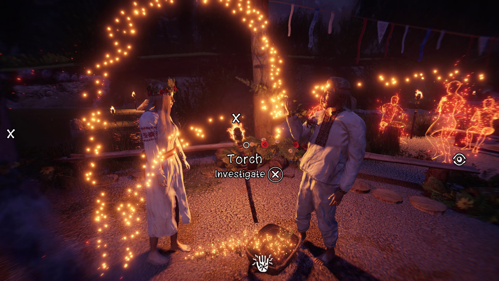 Two characters stands facing each other in an outdoor area at night. The scene is lit up with magic fire, stemming from a torch in the background.
