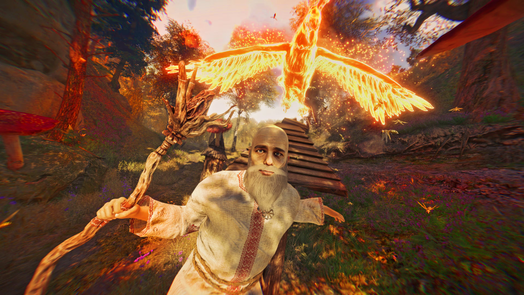 The Ashter, carrying his staff, runs from the Rarog, a mythical bird made of fire.