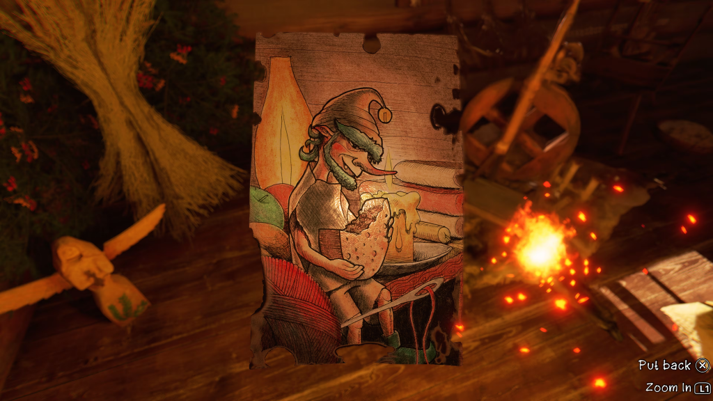 The player is inspecting a piece of paper with a drawing of a gnome holding a half-eaten wheel of cheese.