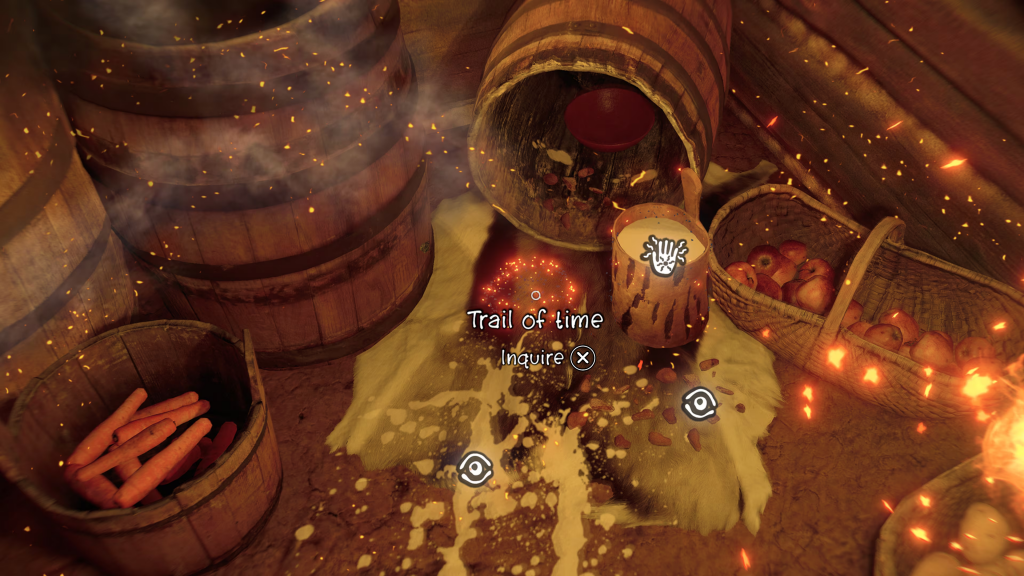 A trail of smoke leads the player to an important item known as the "Trail of time". It is hidden between baskets of apples and carrots.