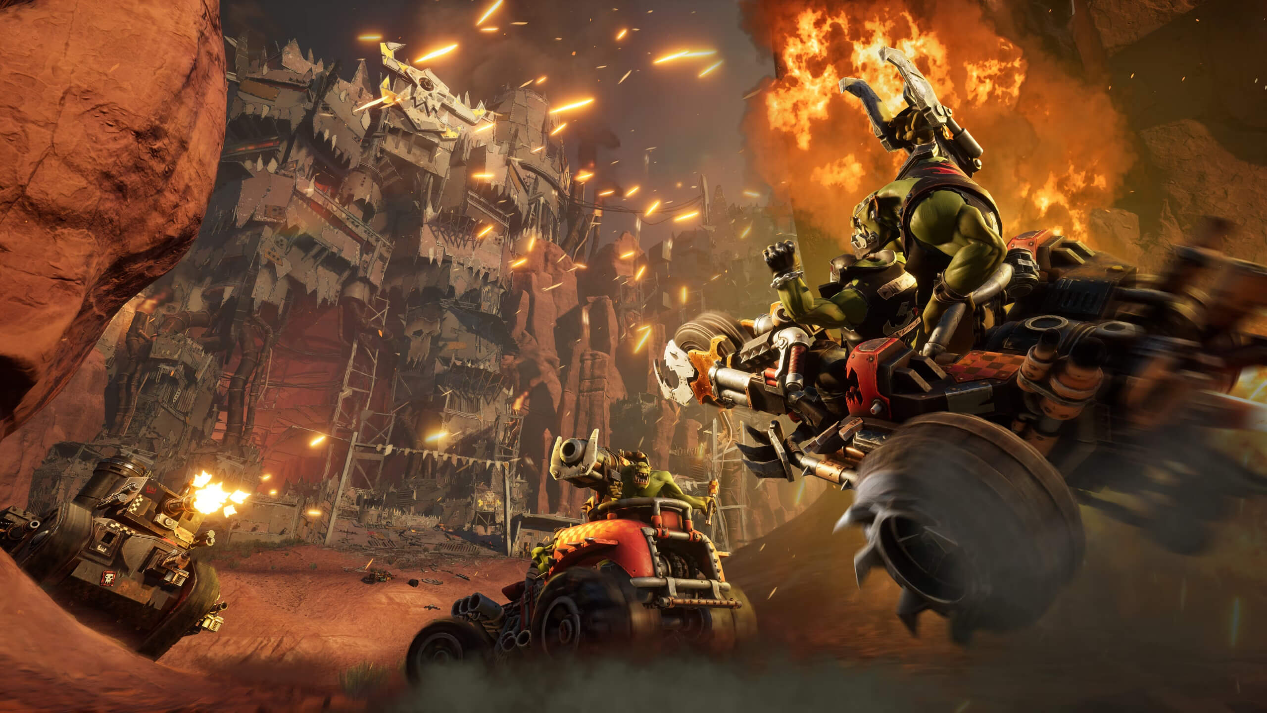 Two smaller vehicles built for speed are facing off against a heavily armored tank. A fortress in the background looks to be firing a hail of bullets off into the distance.