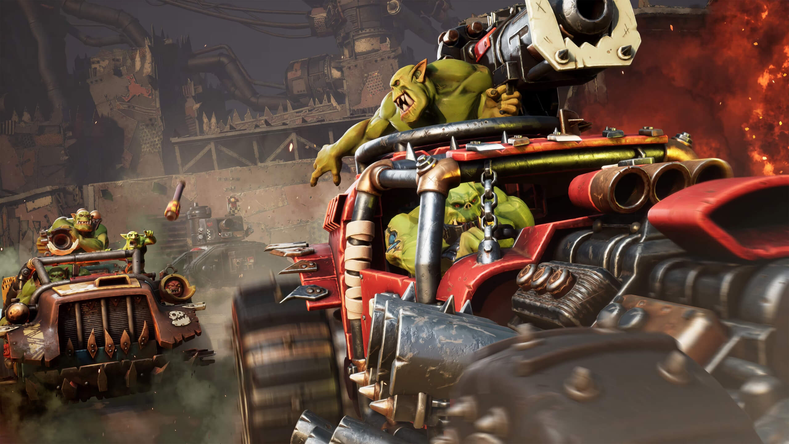 Two vehicles, both with an Ork driver and gunner, are fleeing from a tank in hot pursuit. A missle has just been launched from the tank at one of the vehicles.
