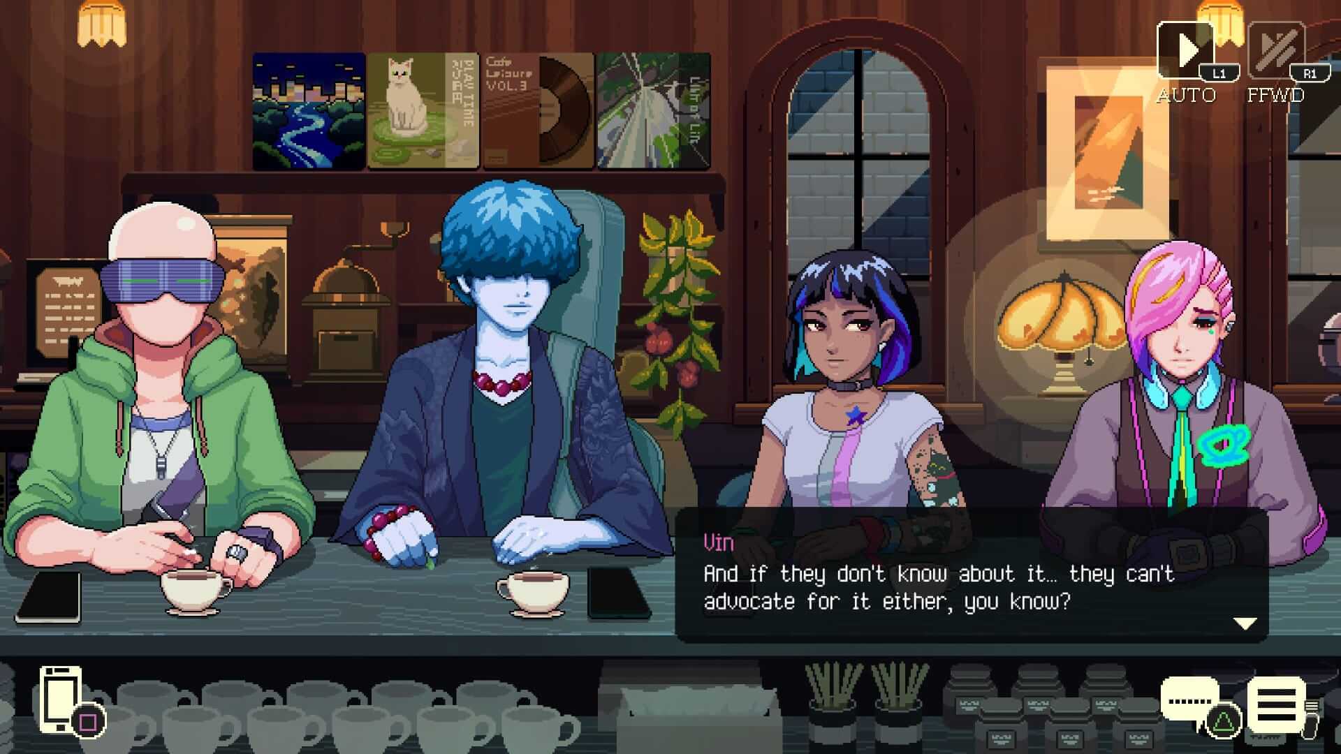 In a cosy coffee shop with wooden walls, four diverse, stylized characters sit at a counter. Coffee cups are in front of them. The atmosphere is warm and conversational. A character called Vin says "And if they don't know about it.. they can't advocate for it either, you know?"
