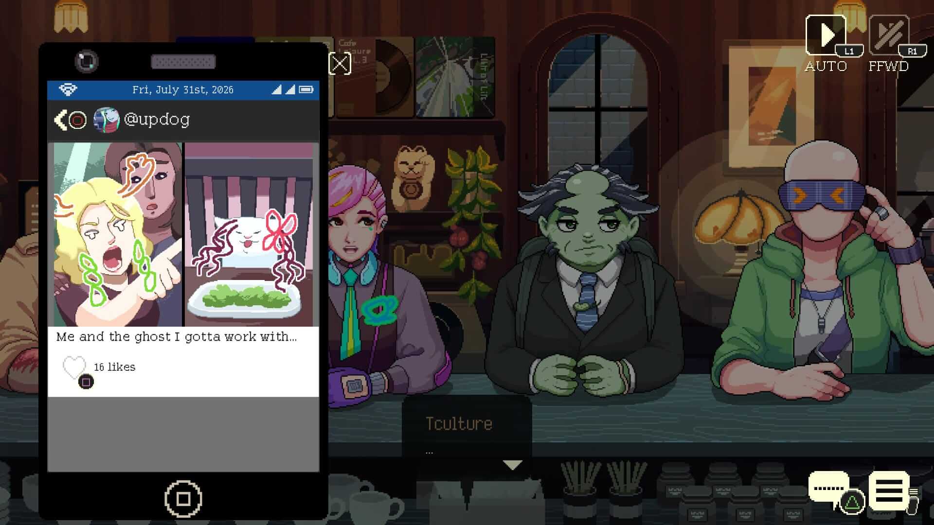 A cartoon scene in a cozy bar. Three unique characters sit at a counter: a person with pink hair, a green-skinned individual in a suit, and a person with VR goggles. A phone screen displays a social media post with doodles and text reading "Me and the ghost I gotta work with...," showing engagement with likes. The picture in the social media post mimics a well-known meme with a distressed woman pointing and a cat sat at a dinner table. The tone is whimsical and modern.