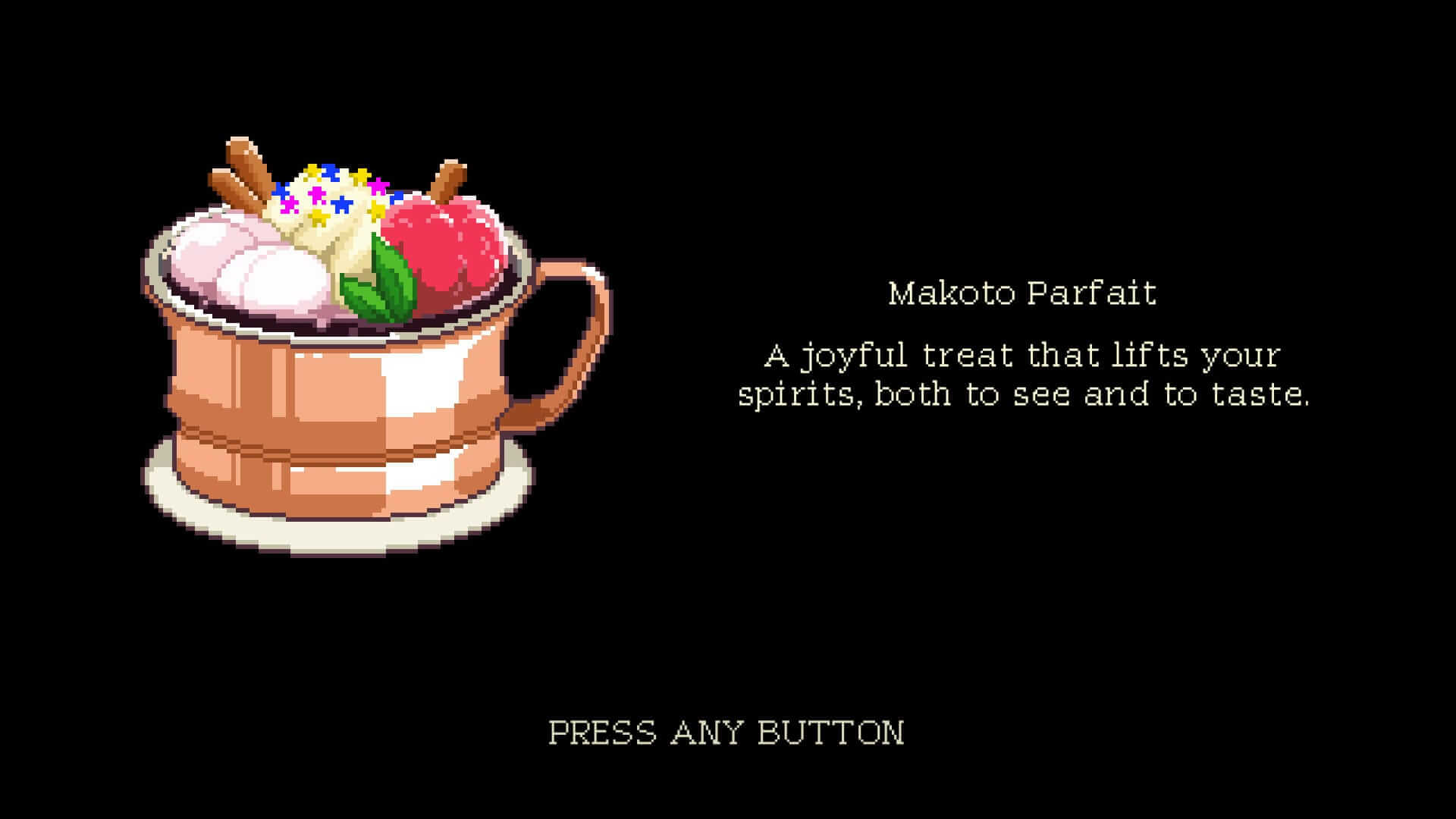 A pixel art parfait in a copper mug, featuring various scoops of ice cream, colourful toppings, and garnishes. Text reads: "Makoto Parfait, a joyful treat that lifts your spirits, both to see and to taste."