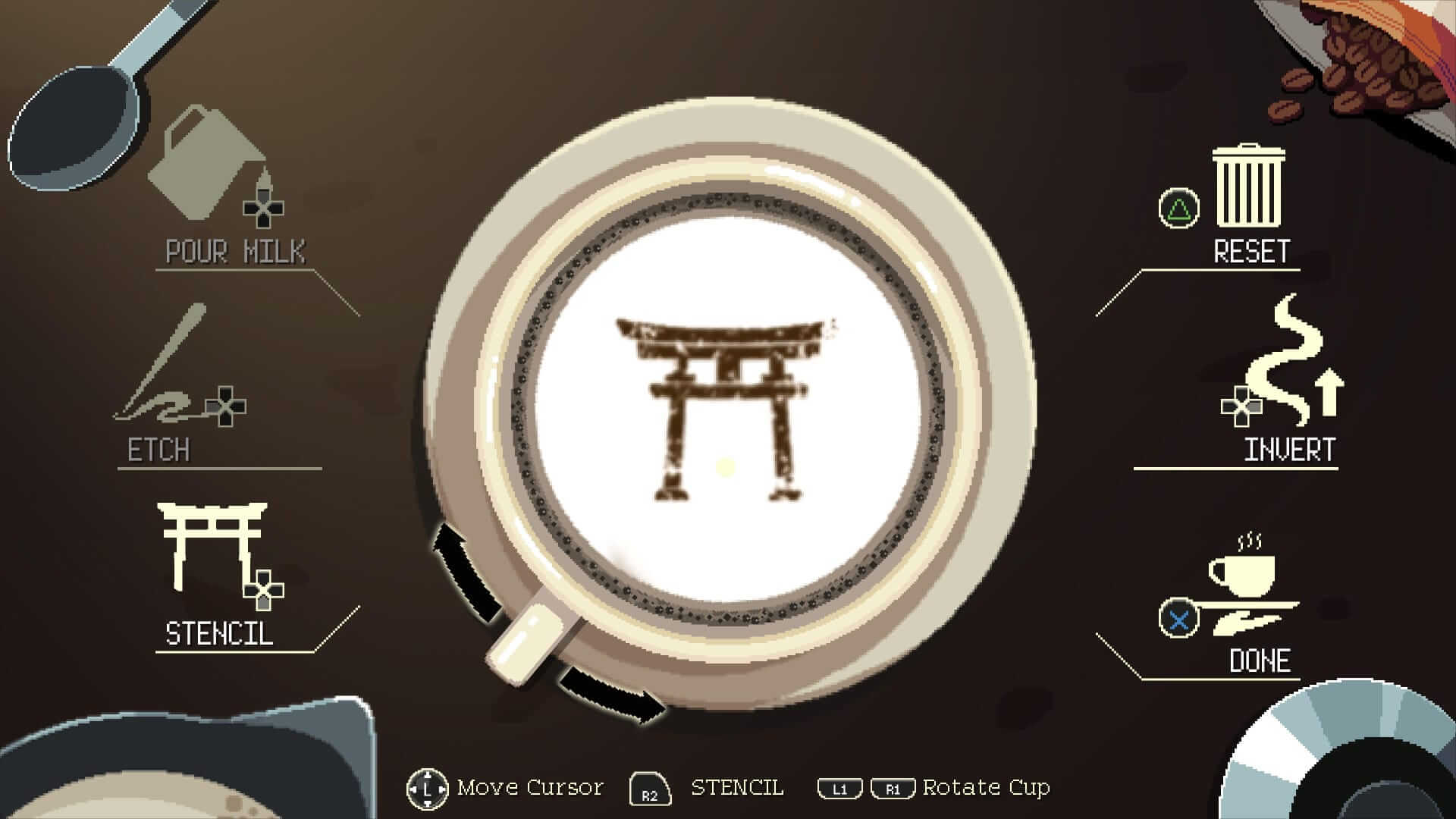 A pixel art latte shows a torii gate design in brown foam atop cream milk. Icons for milk pouring, etching, stencilling, and rotating flank the cup.