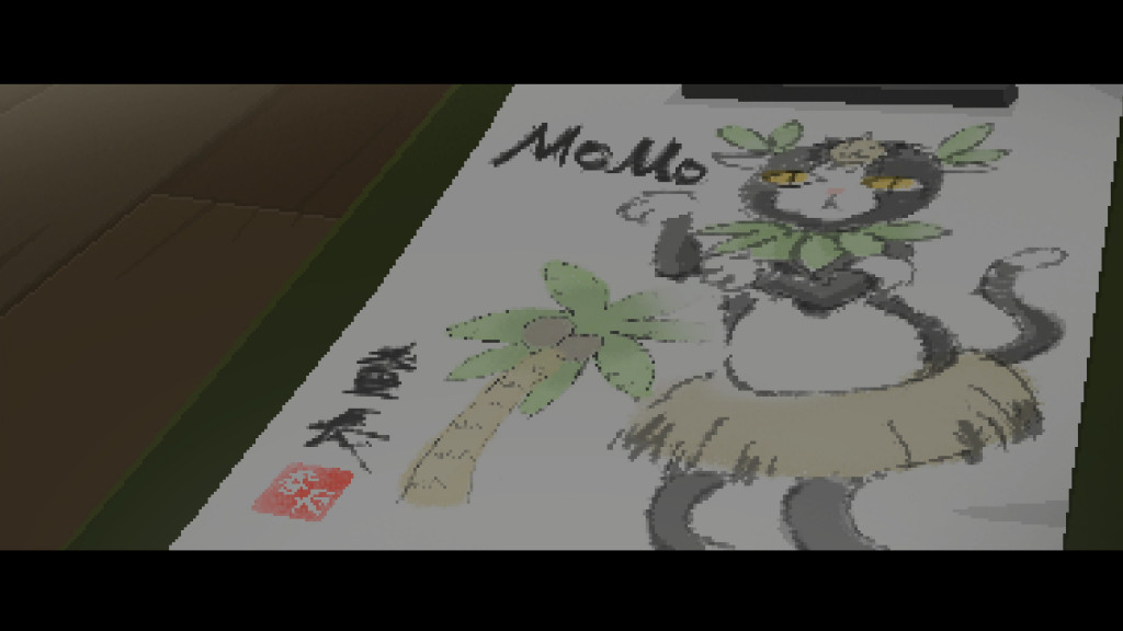 Drawing of a cat named Momo dressed in a hula skirt and leaf accessories, next to a palm tree illustration and Japanese text.