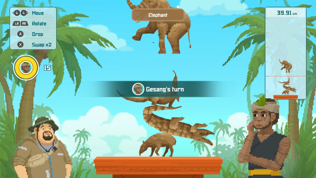 Pixel art game scene showing a player stacking wooden animal figures including an elephant, crocodile, and fox in a jungle setting.