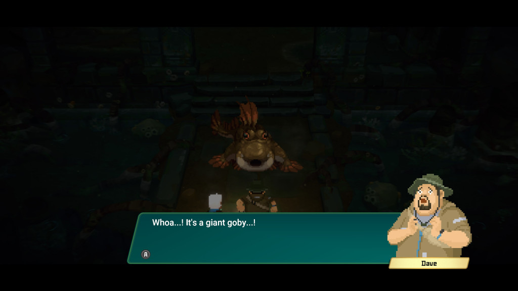 Pixel art scene showing two characters facing a giant goby fish in a dark underwater ruin, with dialogue from Dave expressing surprise.