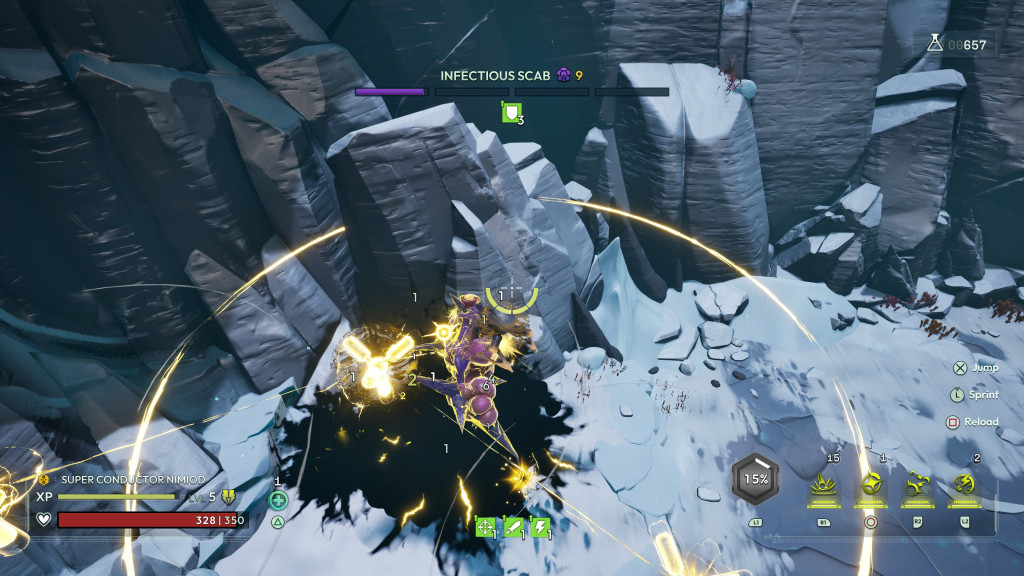 Gameplay screenshot showing a character named SUPER CONDUCTOR NIMIOD battling an Infectious Scab enemy in a snowy rocky environment.