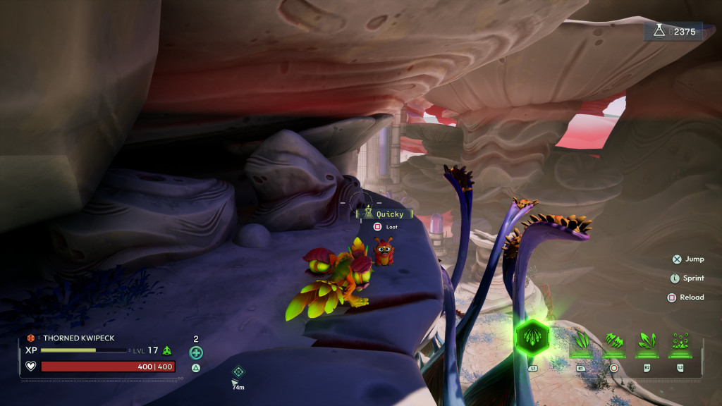 Screenshot from a video game showing a character next to a small creature named Quicky on a rocky ledge with game HUD elements and landscape in the background.