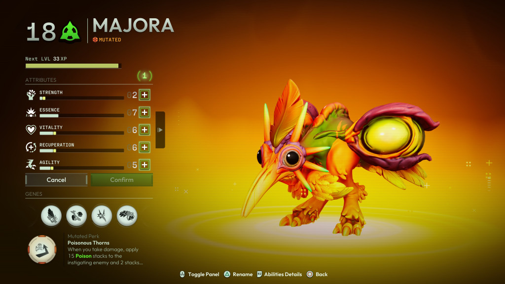 Game character "Majora," a mutated creature with attributes and genes, shown with a poison-themed perk on an orange background.