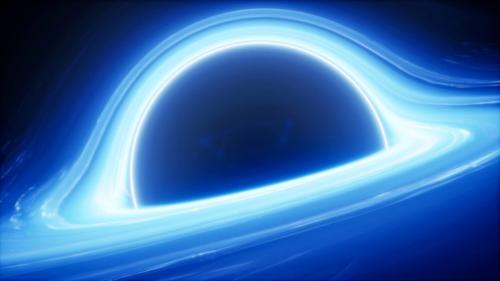 Bright glowing blue and white ring surrounding a dark black hole in space against a dark blue background.