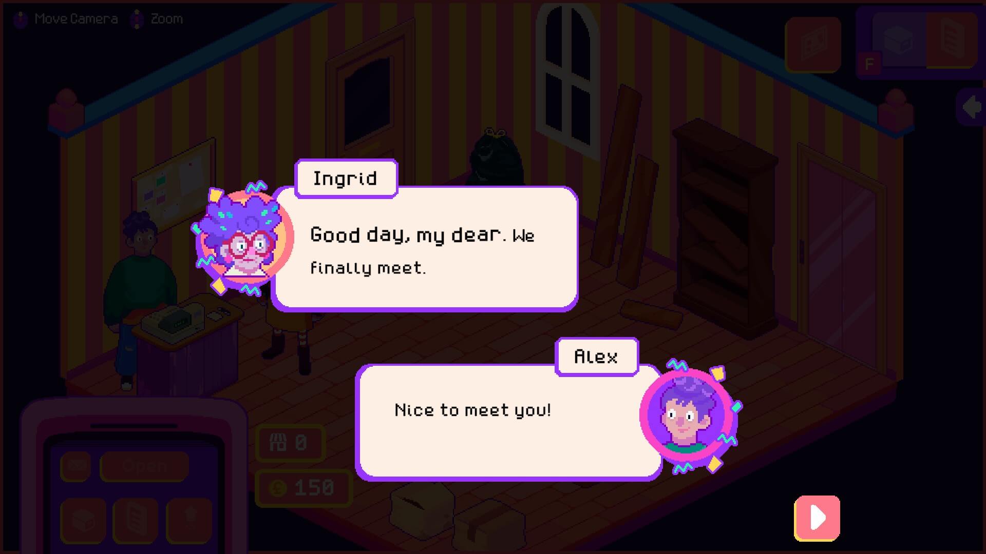 Pixel art room featuring two characters exchanging greetings in speech bubbles. The room has striped walls, a window, and furniture, creating a warm atmosphere. Ingrid on the left is saying "Good day, my dear. We finally meet" whilst Alex on the right is saying "Nice to meet you!"