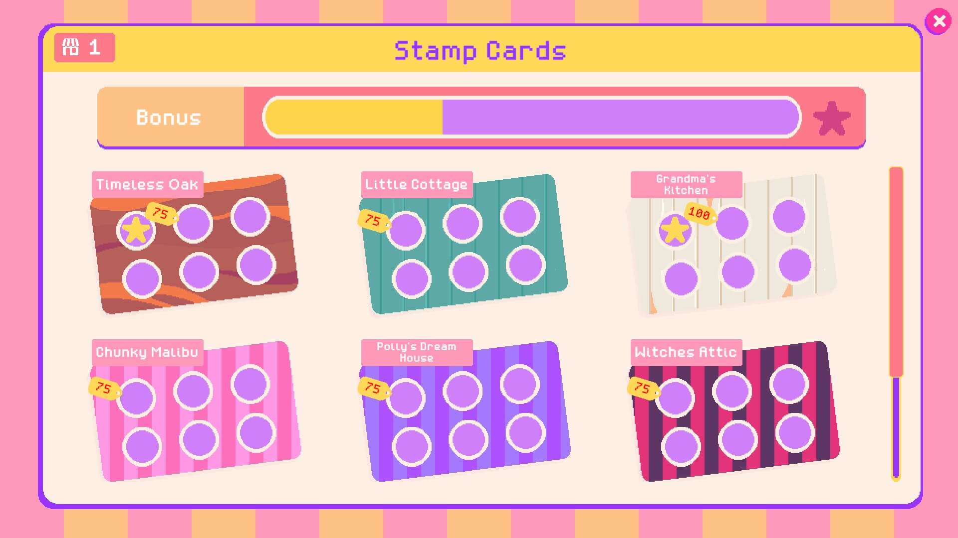 Image of a digital stamp card interface with six cards labeled "Timeless Oak," "Little Cottage," "Grandma's Kitchen," "Chunky Malibu," "Polly’s Dream House," and "Witches Attic." Each card has empty circles for stamps. A bonus progress bar is partially filled, with a playful, pastel color scheme.