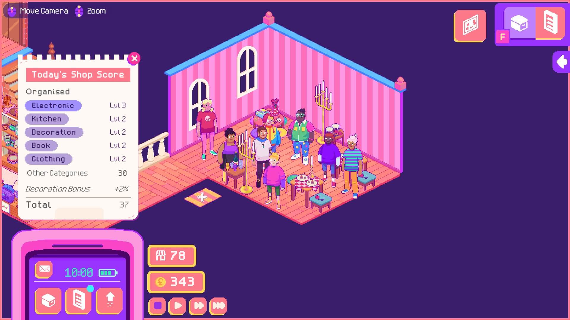 Colorful 8-bit style game scene of a shop with characters browsing items on shelves. Scoreboard displays shop categories and scores. Bright, playful tone.
