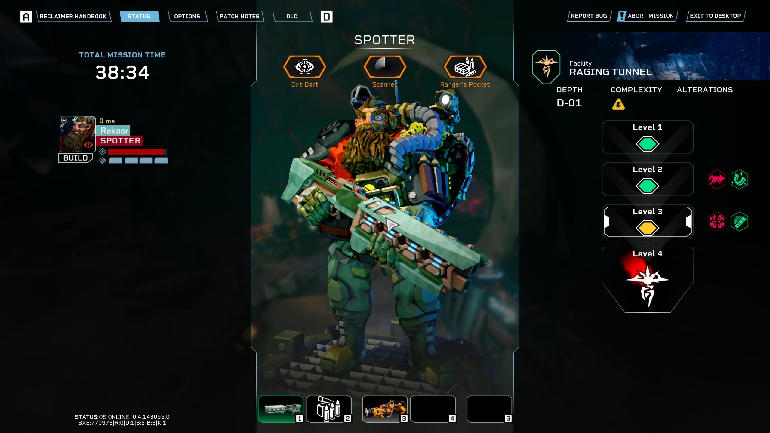 Character loadout screen from a game showing a heavily armored dwarf named Rekoor with a large weapon, mission time, and facility info.