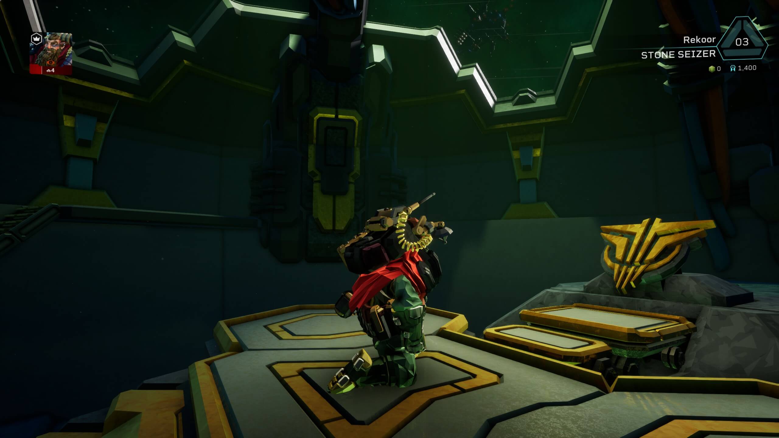 In-game screenshot of a character named Rekoor in a sci-fi environment, interacting with a golden mechanical structure labeled Stone Seizer.