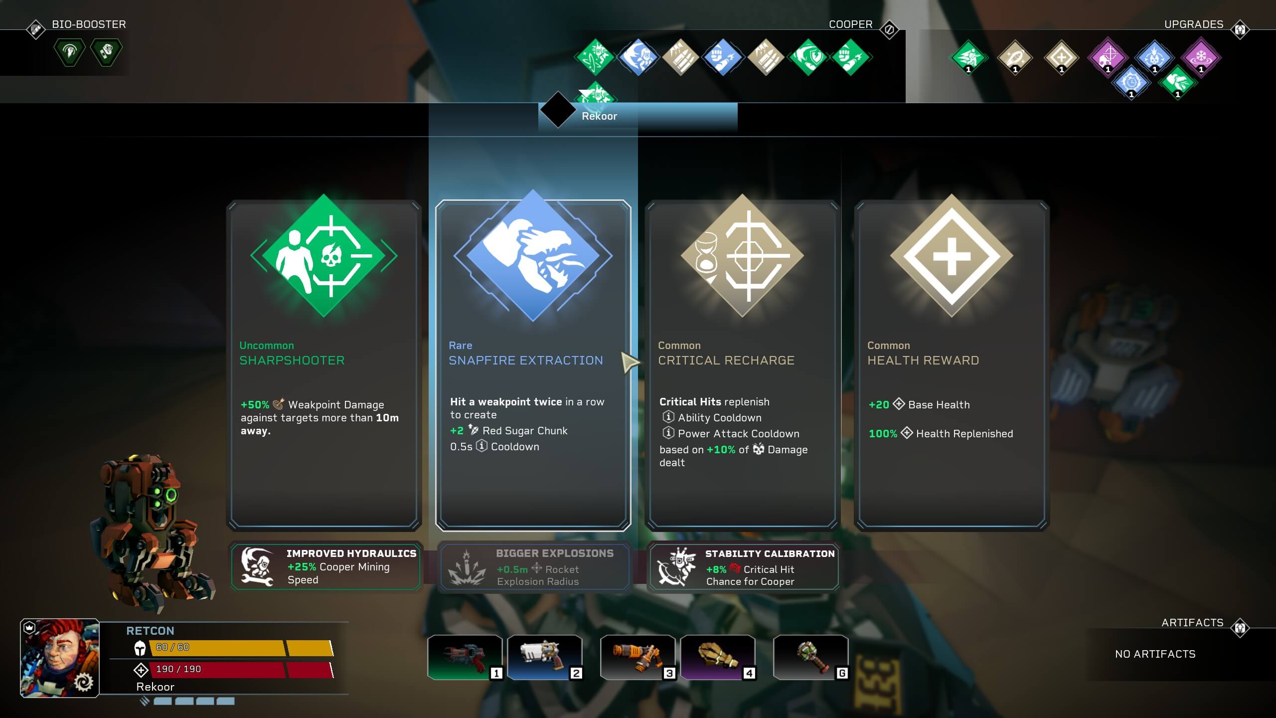 Game character upgrade screen showing four skill cards: Sharpshooter, Snapfire Extraction, Critical Recharge, and Health Reward with stats and weapon icons.